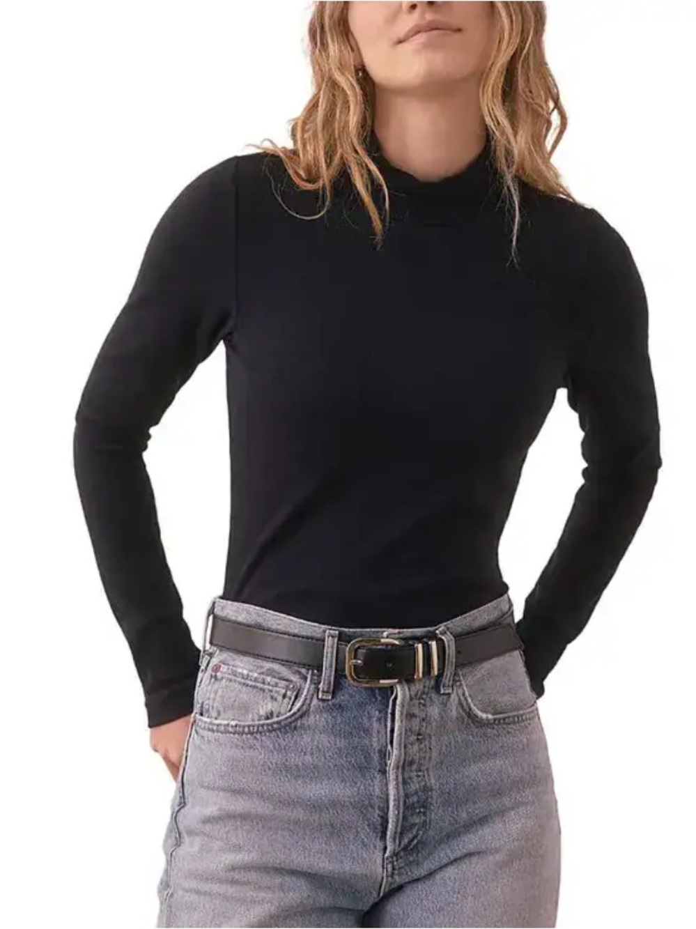 Marine Layer Long Sleeve Ribbed Mock Neck Top - Black